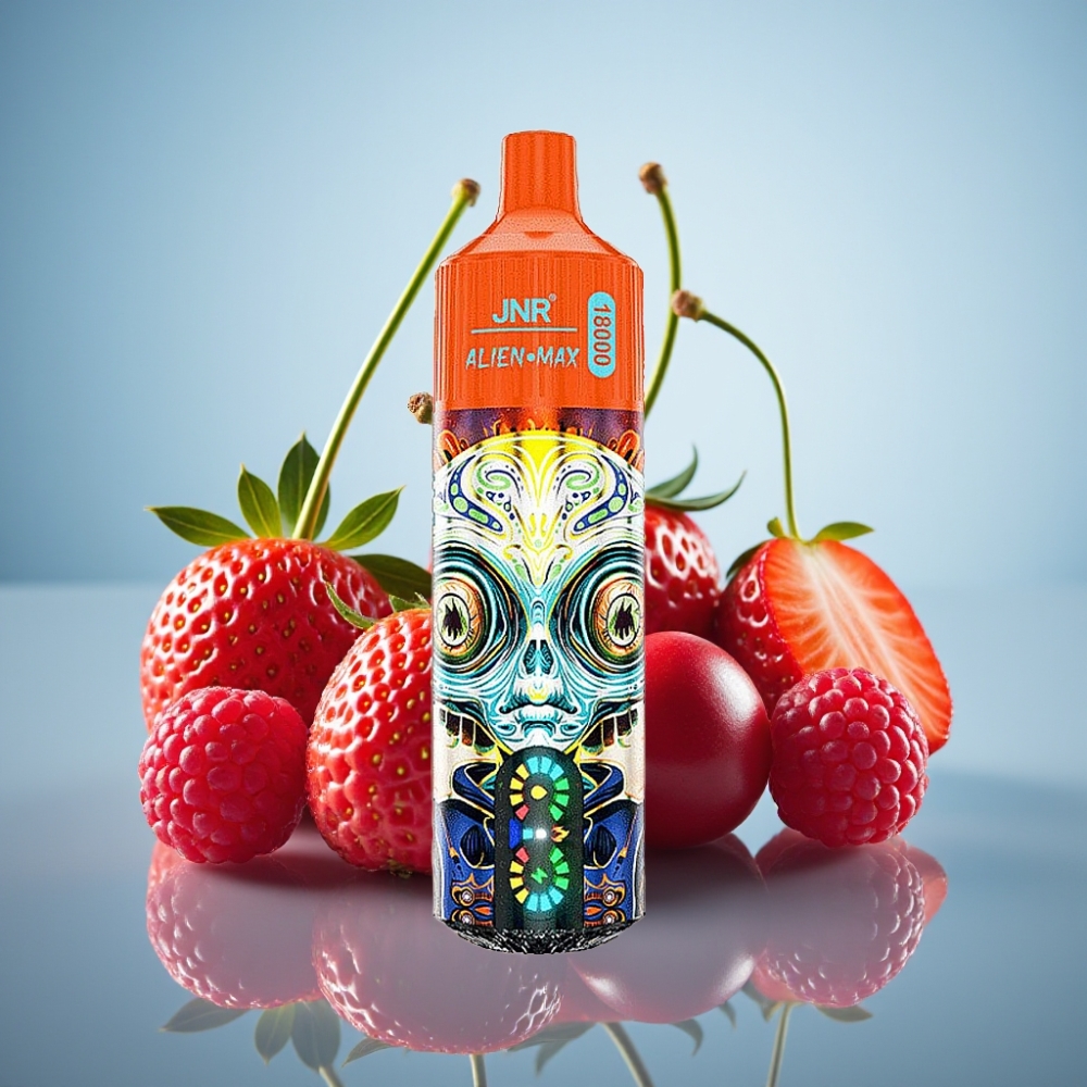JNR Alien Max 18000 퍼프 스트로베리 라즈베리 체리 디스플레이 듀얼 메시 코일