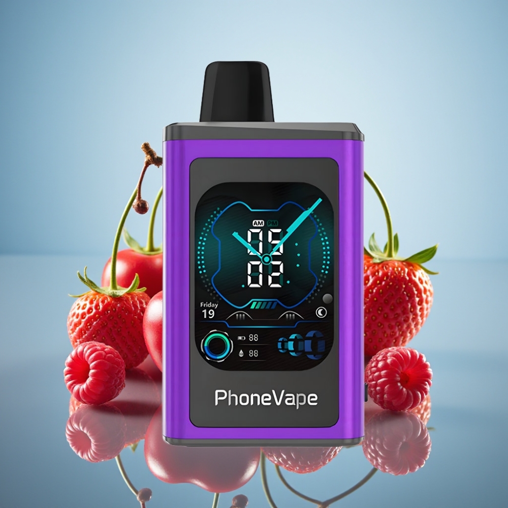 JNR PhoneVape 30000 퍼프 디스포저블 베이프 체리 스트로베리 라즈베리 (Type-C 충전, 터보 모드, 앱 제어)