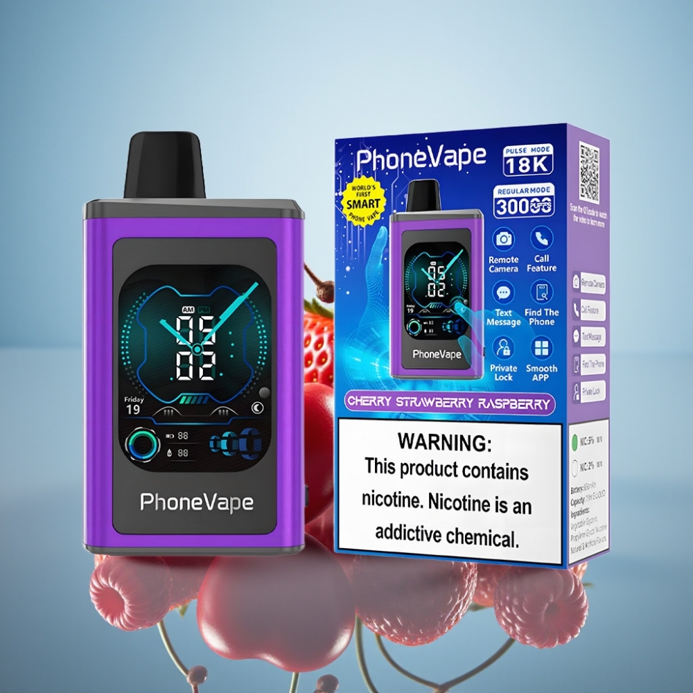 JNR PhoneVape 30000 퍼프 디스포저블 베이프 체리 스트로베리 라즈베리 (Type-C 충전, 터보 모드, 앱 제어)