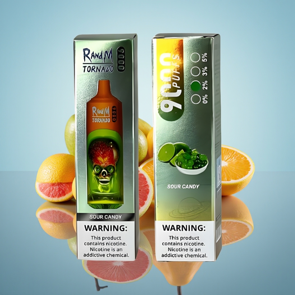 RandM Fumot Tornado 9000 Puffs 디스포저블 베이프 사우어 캔디 (18mL, 메시 코일)
