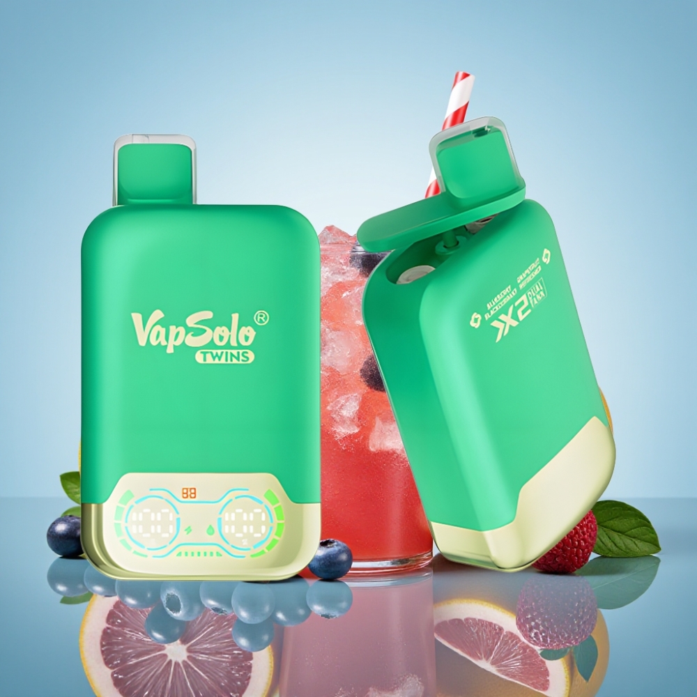 Vapsolo Twins 20000 퍼프 디스포저블 베이프 블루베리 블랙커런트 & 자몽 리프레셔