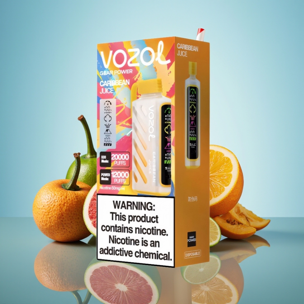 VOZOL Gear Power 20000 Puffs 디스포저블 베이프 카리브 주스, S.i.L.C. Tech, 듀얼 메쉬 코일, 20mL