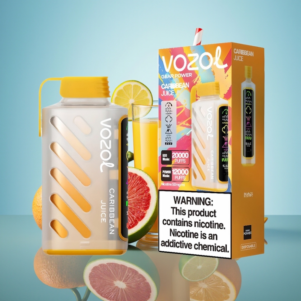 VOZOL Gear Power 20000 Puffs 디스포저블 베이프 카리브 주스, S.i.L.C. Tech, 듀얼 메쉬 코일, 20mL