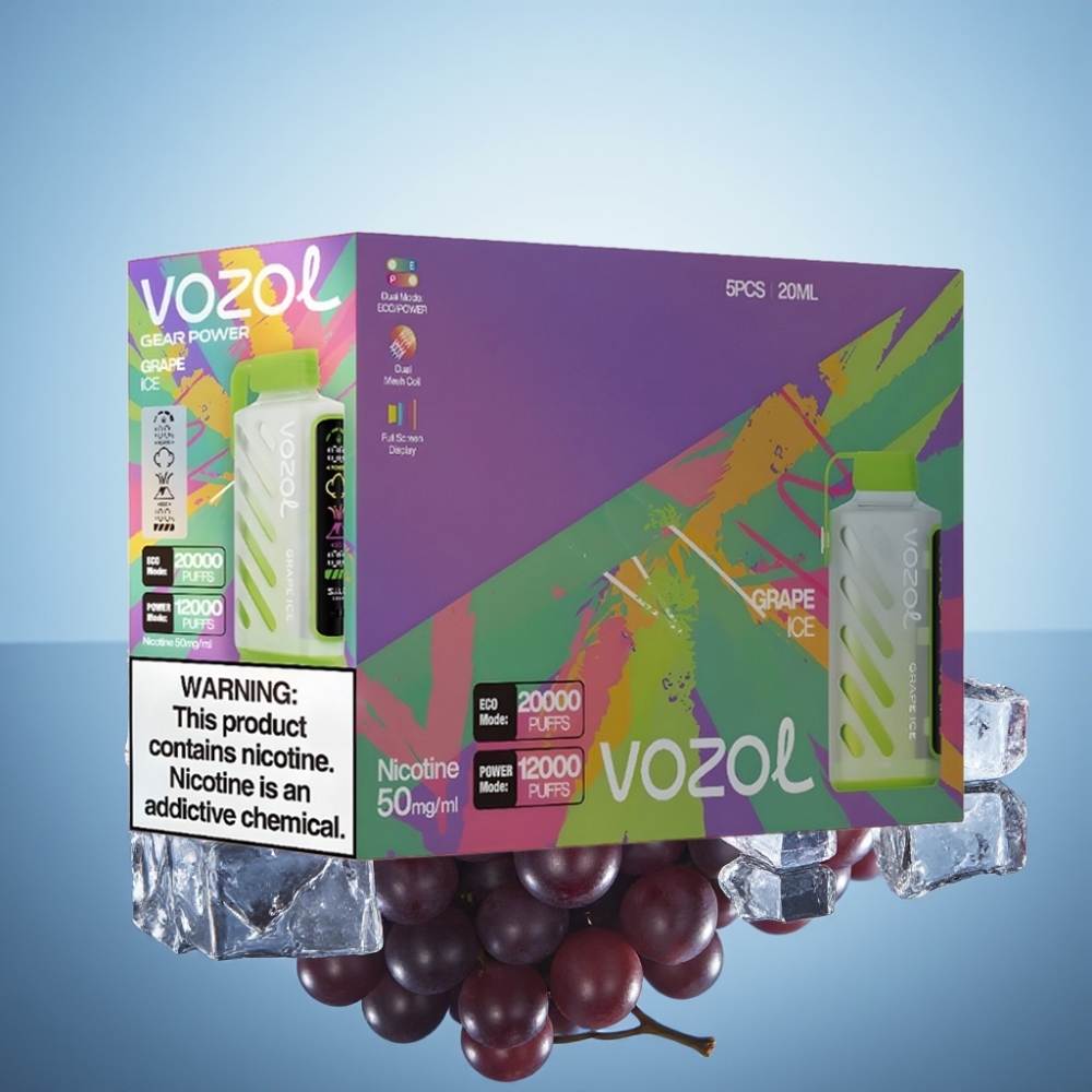 VOZOL Gear Power 20000 퍼프 디스포저블 베이프 그레이프 아이스 (S.i.L.C. Tech, 듀얼 메시 코일, 20mL)